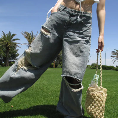 Washed Damaged Loose Denim Pants