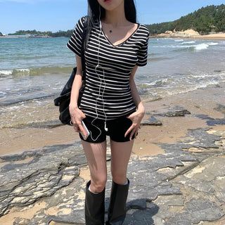 [Bundatook] Slit Button V-Neck Striped Basic Short Sleeve T-Shirt