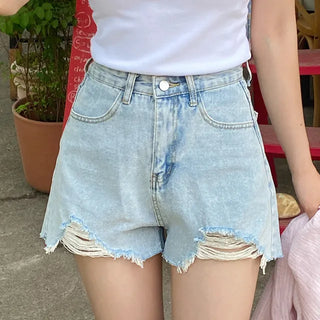 Rose High-Waisted Damaged Denim Shorts