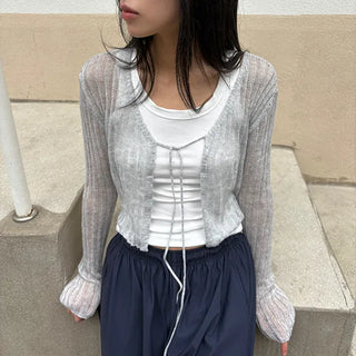 Dilu See-through Ribbed Long Sleeve Bolero Cardigan
