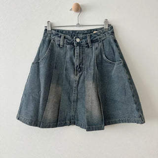 Vintage Washed Denim Flare Pleated Midi Skirt