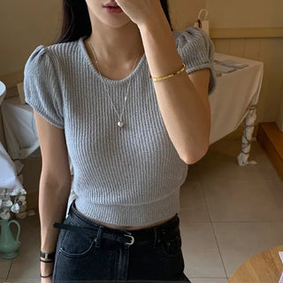 Puff Sleeve Boucle Short Sleeve Round Neck Knit