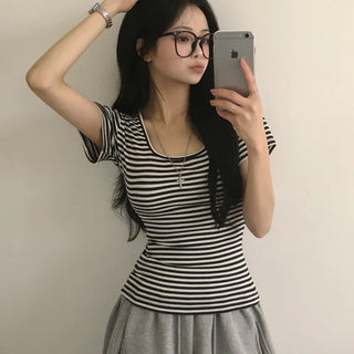 Creates a Slim Waist, Daily Striped Square Neck Slim Fit Short Sleeve T-shirt