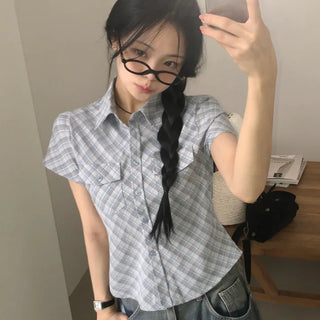 Preppy Check Pocket Rounded Collar Short Sleeve Shirt