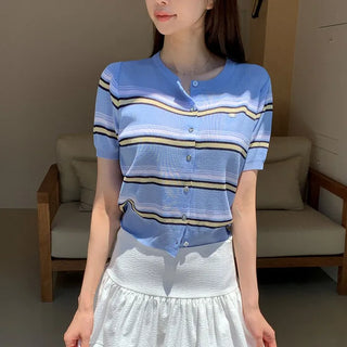 Dipping Mare Stripe Pendant Short Sleeve Loose Fit Cardigan