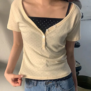Koita Punched Eyelet Button Layered Short Sleeve T-shirt