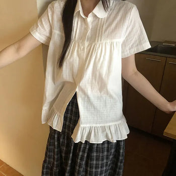 Latz Frill Collar Short Sleeve Blouse Pintuck Blouse/Pleated Blouse/Frill Blouse/Ruffle Blouse/Shirt Blouse