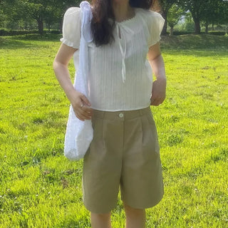 Sunday Puff Lace Blouse  Summer Semi-Crop Short Sleeve Frill Ribbon Blouse Vacation Travel