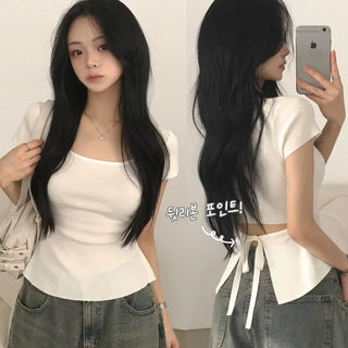 Feminine Mood, Square Neck Delicate Cinched Fit Flare Summer Short Sleeve Knit