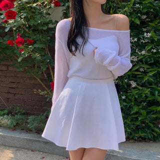 Clay Boat Neck Off-Shoulder Loose Fit Mesh Knit