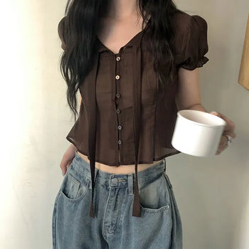Finlet Tie Short Sleeve Blouse Wedding Guest Look/Lovely/Resort/Tie Blouse/Chiffon/Delicate Fit/Resort