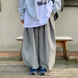 Kiko Nylon Pintuck Balloon Elastic Waist Pants Wide Loose Fit Oversized Unisex Plus Size Curvy Rustling Pants Rainy Season Look