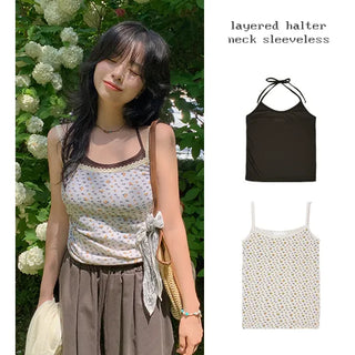 Monz Layered Halter Neck Sleeveless U-Neck Ribbon String Inner Sleeveless Strappy Sleeveless Summer Slim Fit