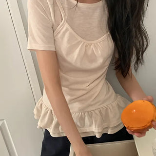 Heki Linen Frill Layered Sleeveless Short-Sleeve T-Shirt