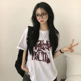 Extra Boxy Loose Oversized Round Unique Spray Lettering Print Summer Short Sleeve T-shirt