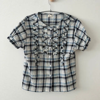 Nota Gauze Check Frill Short Sleeve Puff Button Blouse
