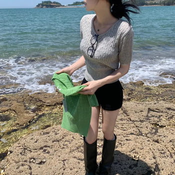 [Summer ver./Cinched Waist!] Basic Linen Cable Round Short Sleeve Knit