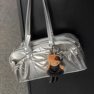 Pocket Silver Boston Bag  Bobusang Square Shoulder Bag Daily Gym Bag Silver Bag