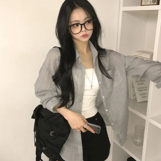 Flowing, protective fit, soft gauze fine check subtle see-through delicate loose-fit long-sleeve shirt summer shirt