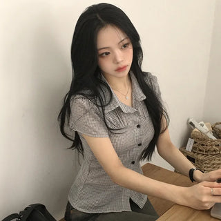 Guaranteed Beauty, Gauze Fine Check Collar Pintuck Shirring Puff Slim Fit Blouse Short Sleeve Shirt