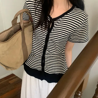 Stain Button Frill Color Block Stripe Short Sleeve T-shirt