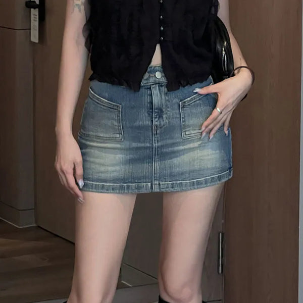 Chesspie two-button denim skirt