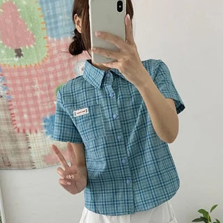 Checkered button retro shirt