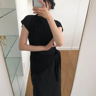 Moma Women's Half-Neck Mock Neck Ribbed Cap Sleeve Spring/Summer Slim Fit Scarf Set