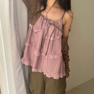 Mori Girl Tiered Frill Ribbon Strap Sleeveless Blouse