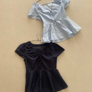 Peplum Shirred V-neck Short Sleeve Blouse