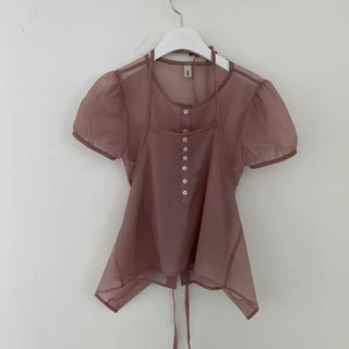 Sheer Back Ribbon Puff Blouse Button Halter Bustier Set