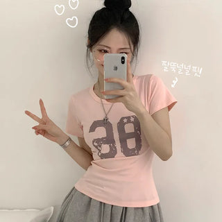 Slimming U-Neck Vintage Number Print Delicate Slim Fit Short Sleeve T-Shirt