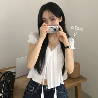 Guaranteed Beauty, Summer V-Neck Strap Tie Pintuck Puff Crop Short Sleeve Blouse