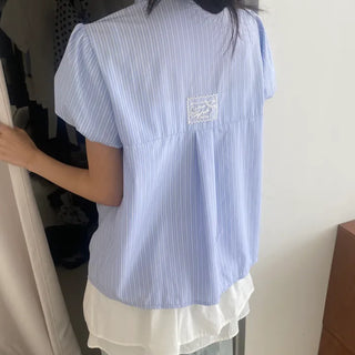 Label Balloon Puff Sleeve Striped Short Sleeve Shirt
