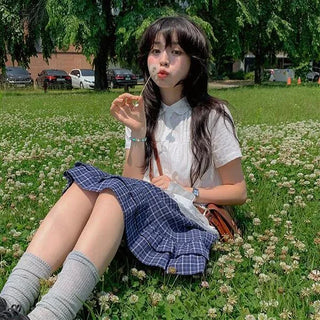 Yume Check Collar Frill Short Sleeve Blouse Vintage Lovely Pintuck Shirring A-Line Tummy Control Short Sleeve Shirt Summer Blouse
