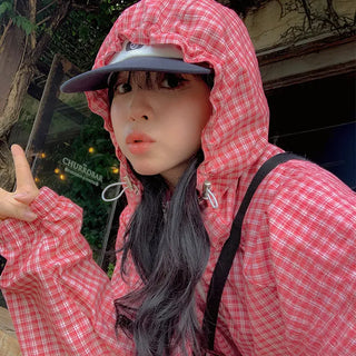 Mond Cotton Check Two-Way Zip-Up Hoodie Vintage Oversized Loose Fit Unisex Plus Size Must-Have Item Cover-up Drawstring Rainy Season Look Summer