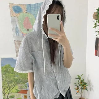 Kito check hooded lace shirt