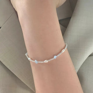 Aquamarine Freshwater Pearl Silver Ball Layered Bracelet