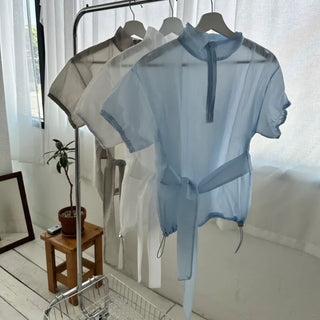 Ribbon Wrap See-through Short Sleeve Anorak Half-Zip