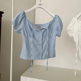 Elsa Lace V-Sleeve Puff Short Sleeve Blouse