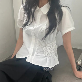 Black   Plain Floral Shirred Loose Fit Short Sleeve Shirt Blouse