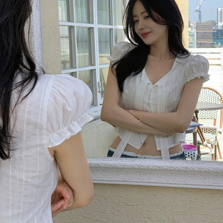 Collar Tie Punching Short Sleeve Blouse