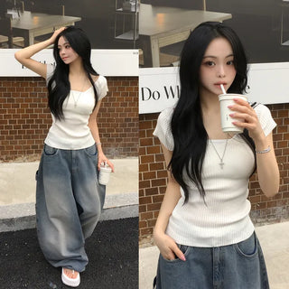 Figure-beautifying, Deep V-neck, Ribbed Cap Sleeve, Arm-slimming, Slim Fit, Back Ribbon Summer Short Sleeve Knit