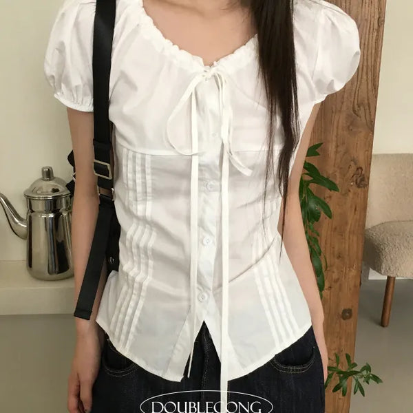 Ribbon Shirred Pintuck Blouse