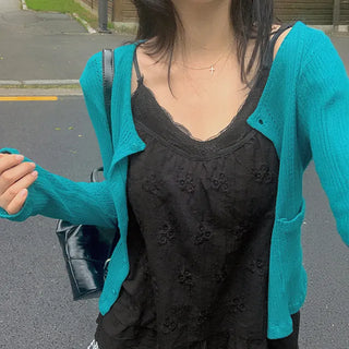 Moe Punched Pocket Long Sleeve Cardigan Round Neck Layered Semi-Crop Slim Fit Must-Have Blue Indoor Cardigan Summer Outerwear Long Sleeve Tee Rainy Season Look