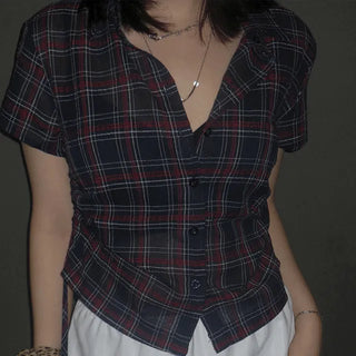 Lunel Vintage Cinched Waist Shirred Crop Check Shirt