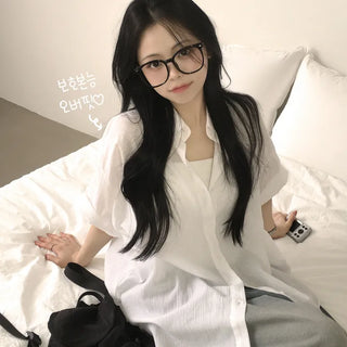 Summer Seersucker Gauze Striped Cotton Boxy Loose Oversized Summer Shirt Short Sleeve Shirt