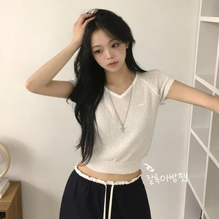 Breathable and cool, boucle V-neck raglan pendant delicate slim fit cropped summer short-sleeve knit