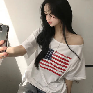 American Vintage Stars and Stripes Print One-Off-Shoulder Delicate Loose-Fit Short-Sleeve T-Shirt
