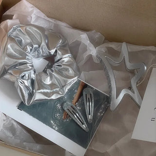 Piece Silver Hair Accessory Set  Hair Scrunchie, Claw Clip, Hair Pin